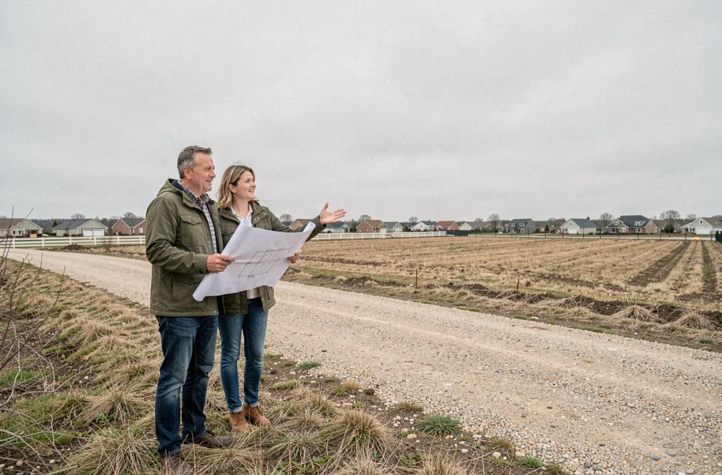 Un couple visitant un terrain constructible vierge en zone péri-urbaine avant achat