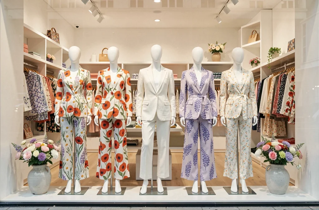 Vitrine de boutique parisienne présentant des collections de printemps aux imprimés floraux colorés sur des mannequins