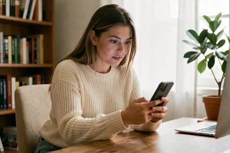 Jeune femme consultant son smartphone avec discrétion pour voir des stories Instagram sur un compte privé