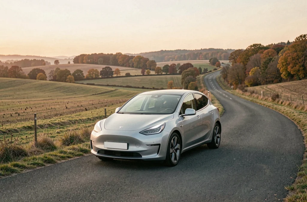 Voiture électrique isolée sur une route rurale entourée de champs en automne, illustrant le défi de l'autonomie en zone rurale
