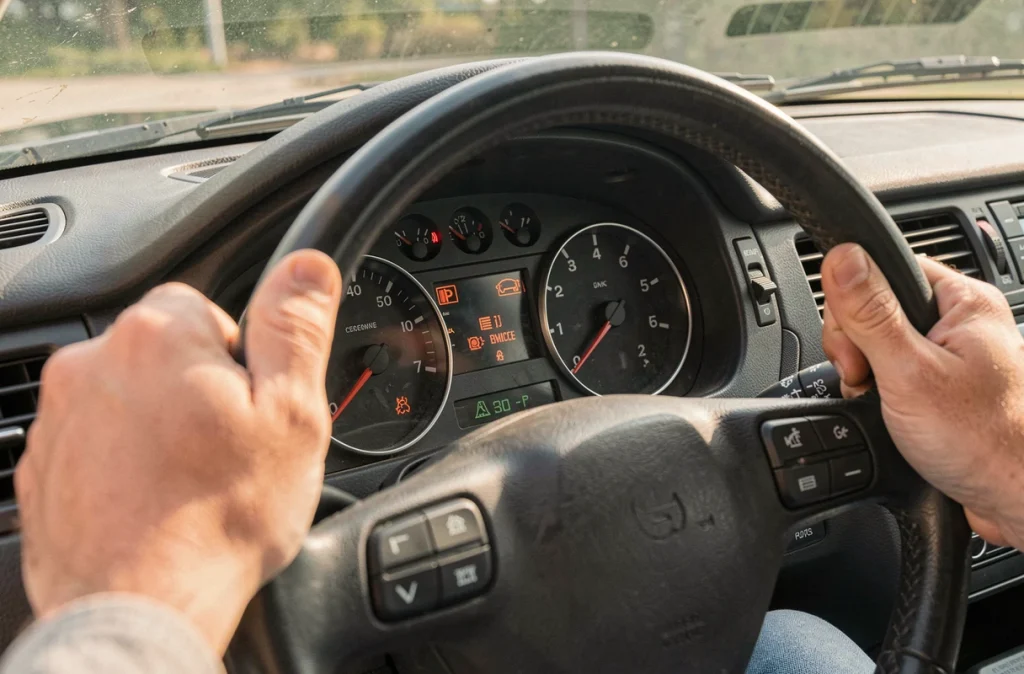 Voyants d'avertissement allumés sur le tableau de bord d'une voiture avant le contrôle technique